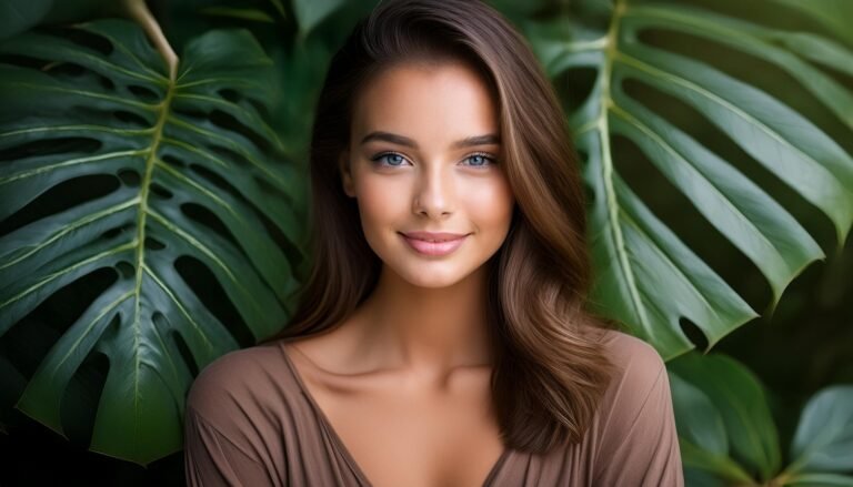 Quinceañera con hojas verdes de fondo