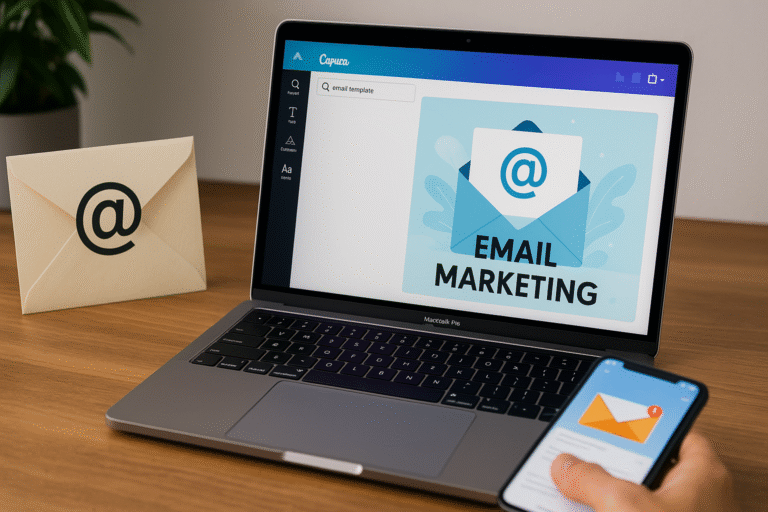 Laptop con diseño de email marketing en Canva, ideal para ilustrar campañas de mailing.