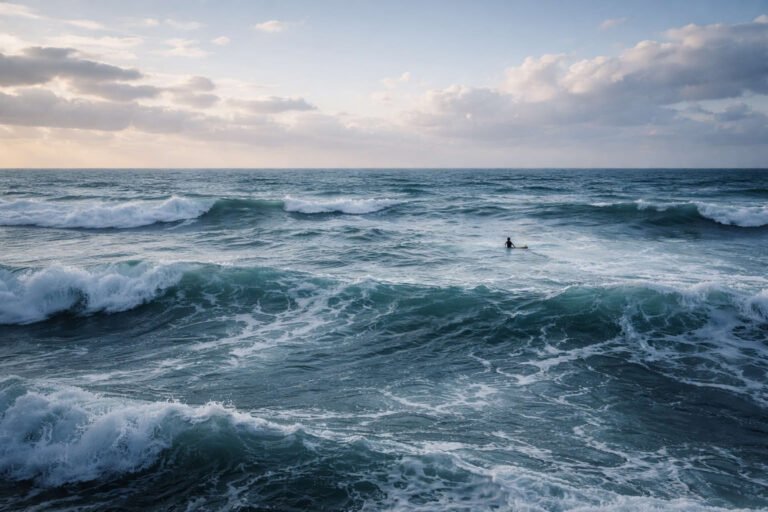 Mar agitado en José Ignacio durante la mañana, con olas fuertes y una sensación de vulnerabilidad frente a la inmensidad del océano.
