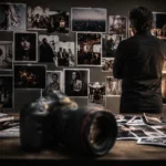 Cámara fotográfica sobre una mesa frente a una pared con imágenes de moda, retratos, eventos y fotografía comercial, representando la reflexión sobre la especialización y la evolución profesional en fotografía.