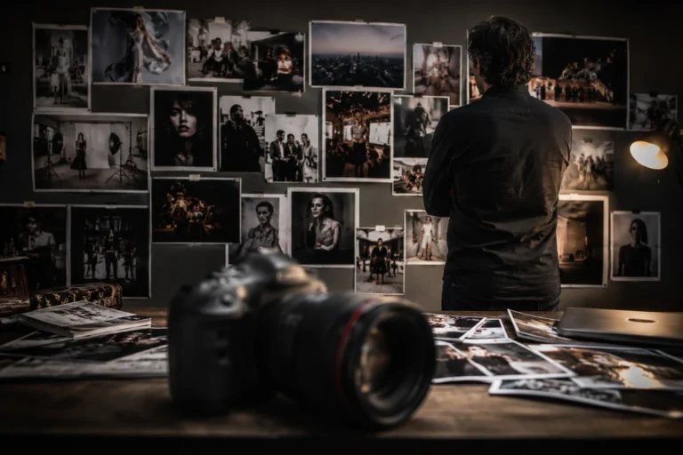 Cámara fotográfica sobre una mesa frente a una pared con imágenes de moda, retratos, eventos y fotografía comercial, representando la reflexión sobre la especialización y la evolución profesional en fotografía.