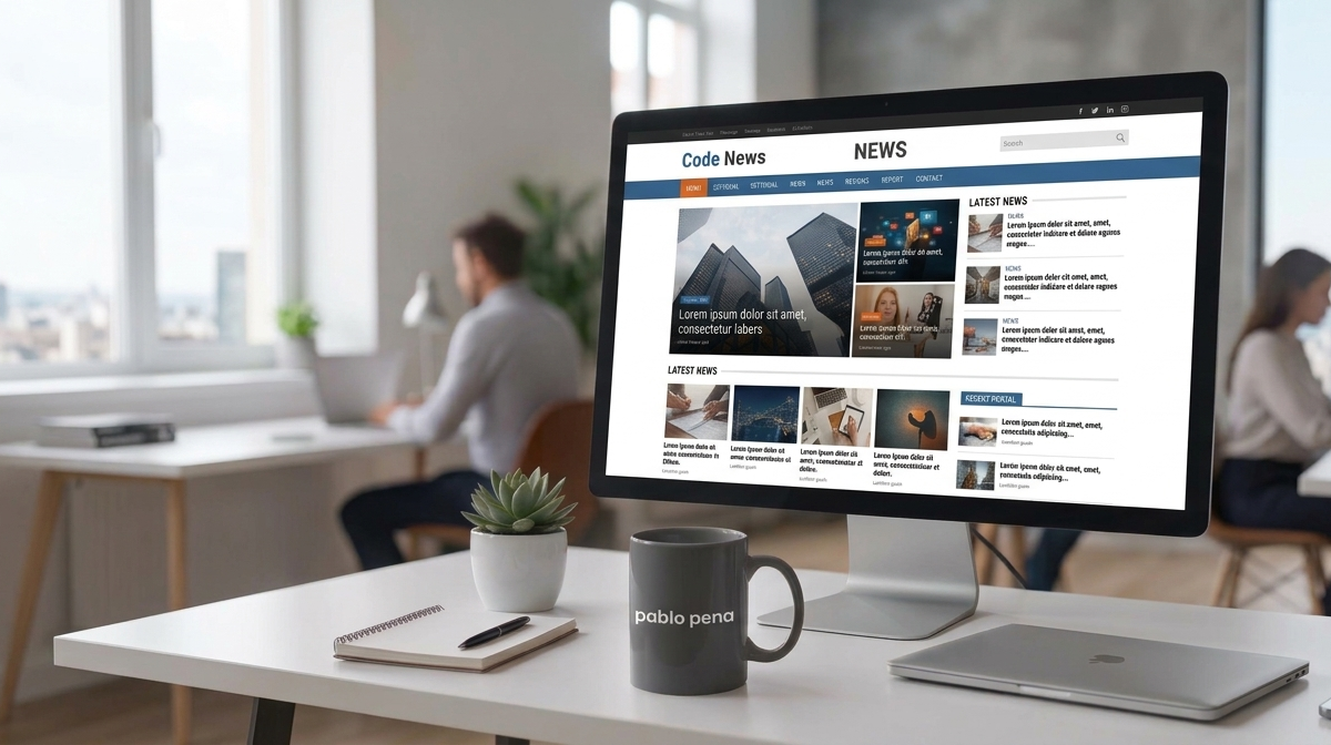 Una toma panorámica de un moderno espacio de coworking que muestra a dos personas trabajando en escritorios y un monitor de computadora en primer plano que muestra un portal de noticias digitales