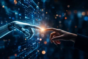 Inteligencia artificial representada por una mano humana y una mano robótica conectándose