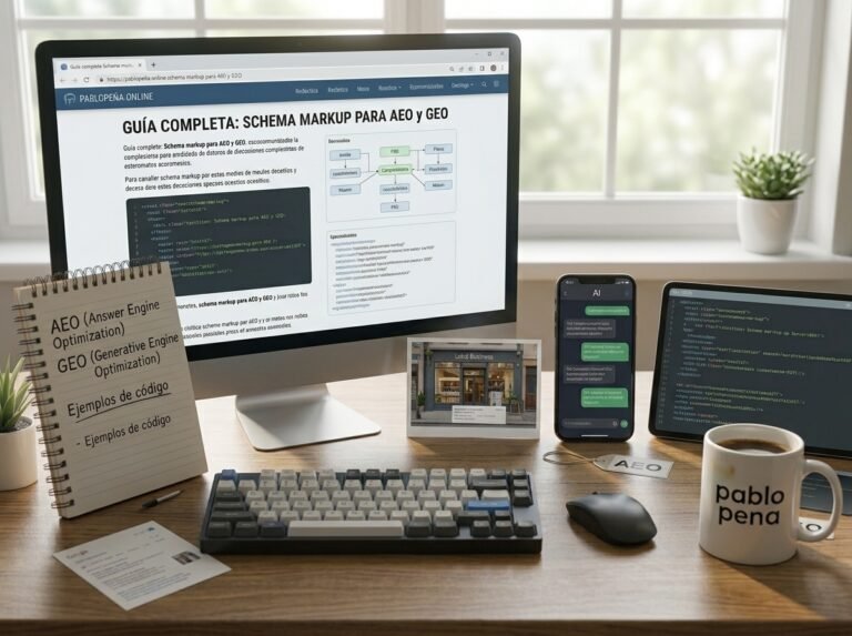 Escritorio con monitor que muestra un diagrama de schema markup para AEO y GEO, celular con chat de inteligencia artificial y tablet con código JSON-LD