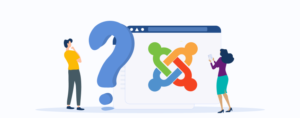Ilustración del logo de Joomla junto a un signo de interrogación, representando la duda de si conviene migrar a WordPress