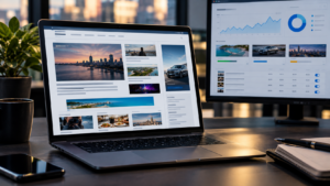 Banners publicitarios en portales web: portal de noticias con espacios para sponsors en una laptop