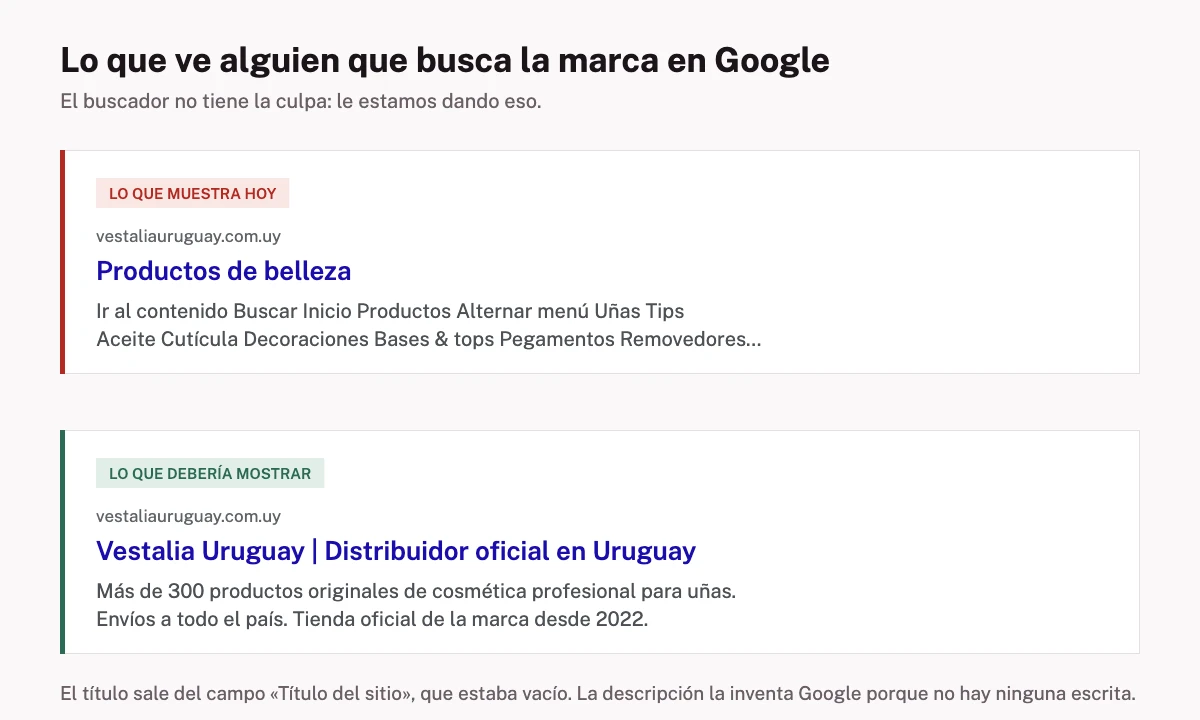 Comparación de dos resultados de Google: el título genérico que muestra hoy la tienda frente al que debería mostrar con su marca
