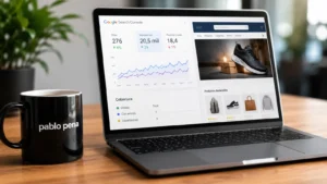 Portátil sobre un escritorio mostrando Google Search Console junto a una tienda online durante una auditoría SEO