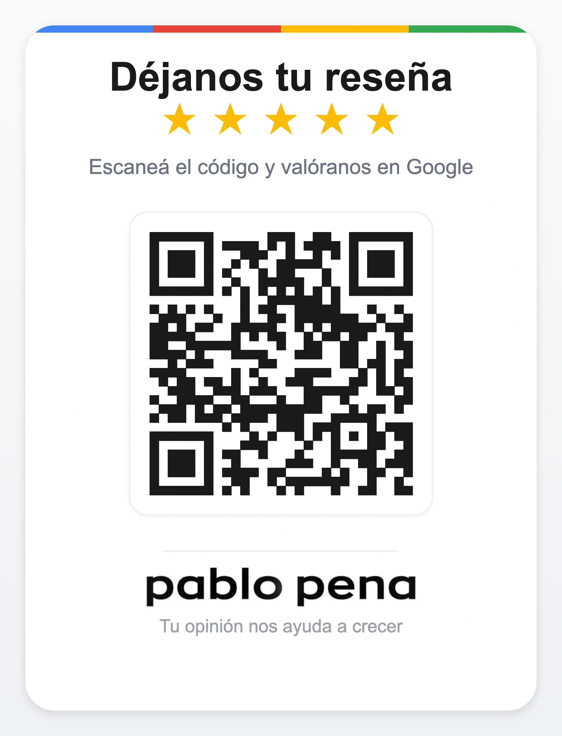 Cómo Crear un Google Business Profile para tu Empresa: Guía y Precios (2026) 2 Cartel con código QR para dejar una reseña en Google y logo de Pablo Pena Online