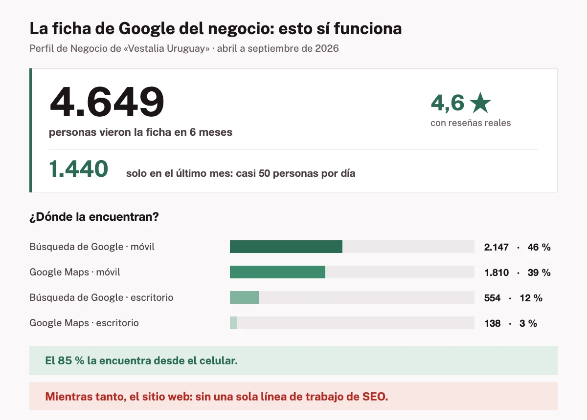 Rendimiento de la ficha de Google del negocio: 4.649 personas en seis meses, 1.440 en el último mes y el 85 % desde el celular
