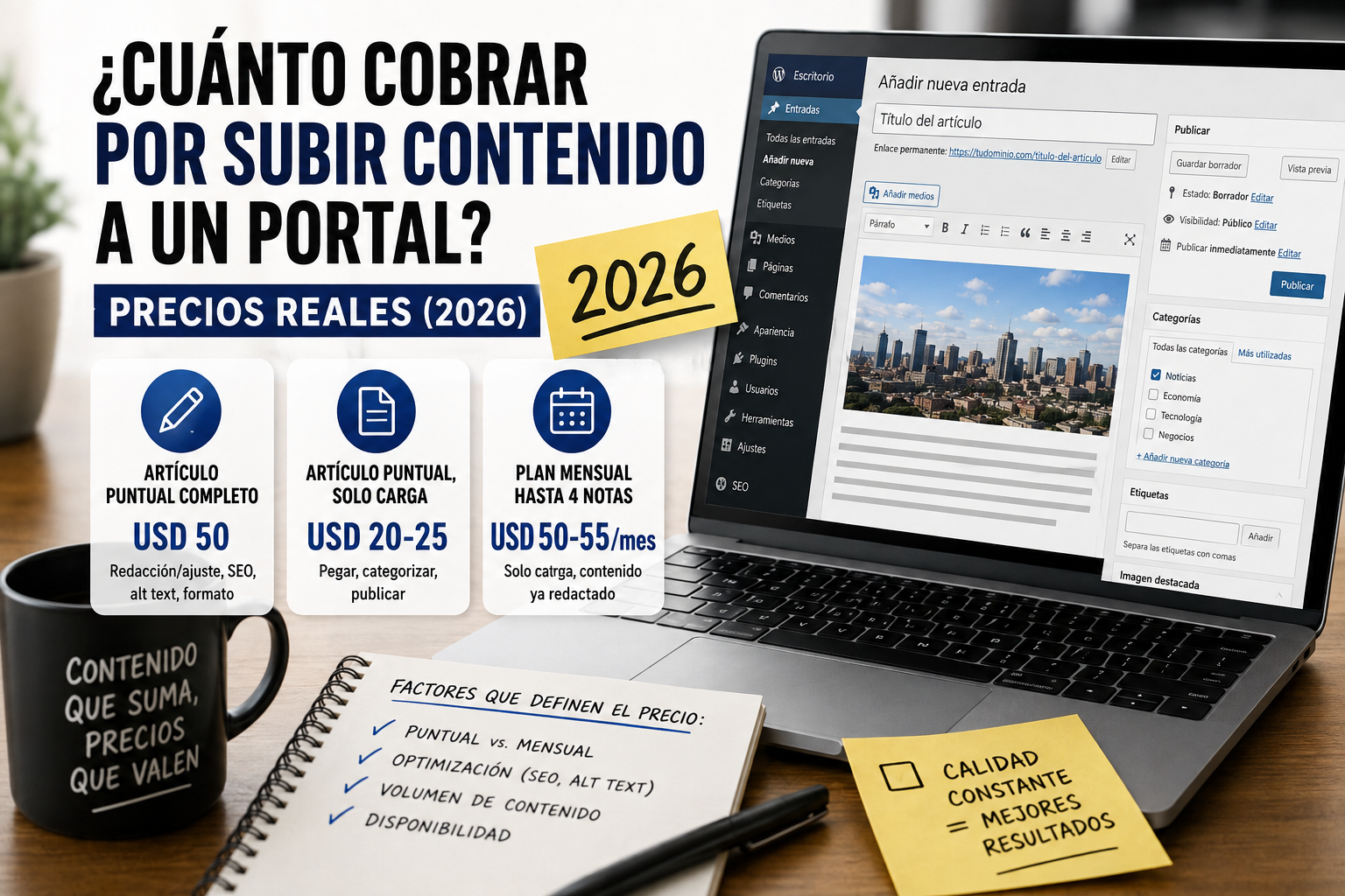 Cuánto cobrar por subir contenido a un portal: precios (2026) 1 Infografía sobre cuánto cobrar por subir contenido a un portal: precios reales 2026 por publicación puntual y mensual