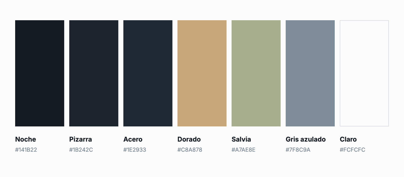 Paleta de color de Mirian Botello: Noche, Pizarra, Acero, Dorado, Salvia, Gris azulado y Claro