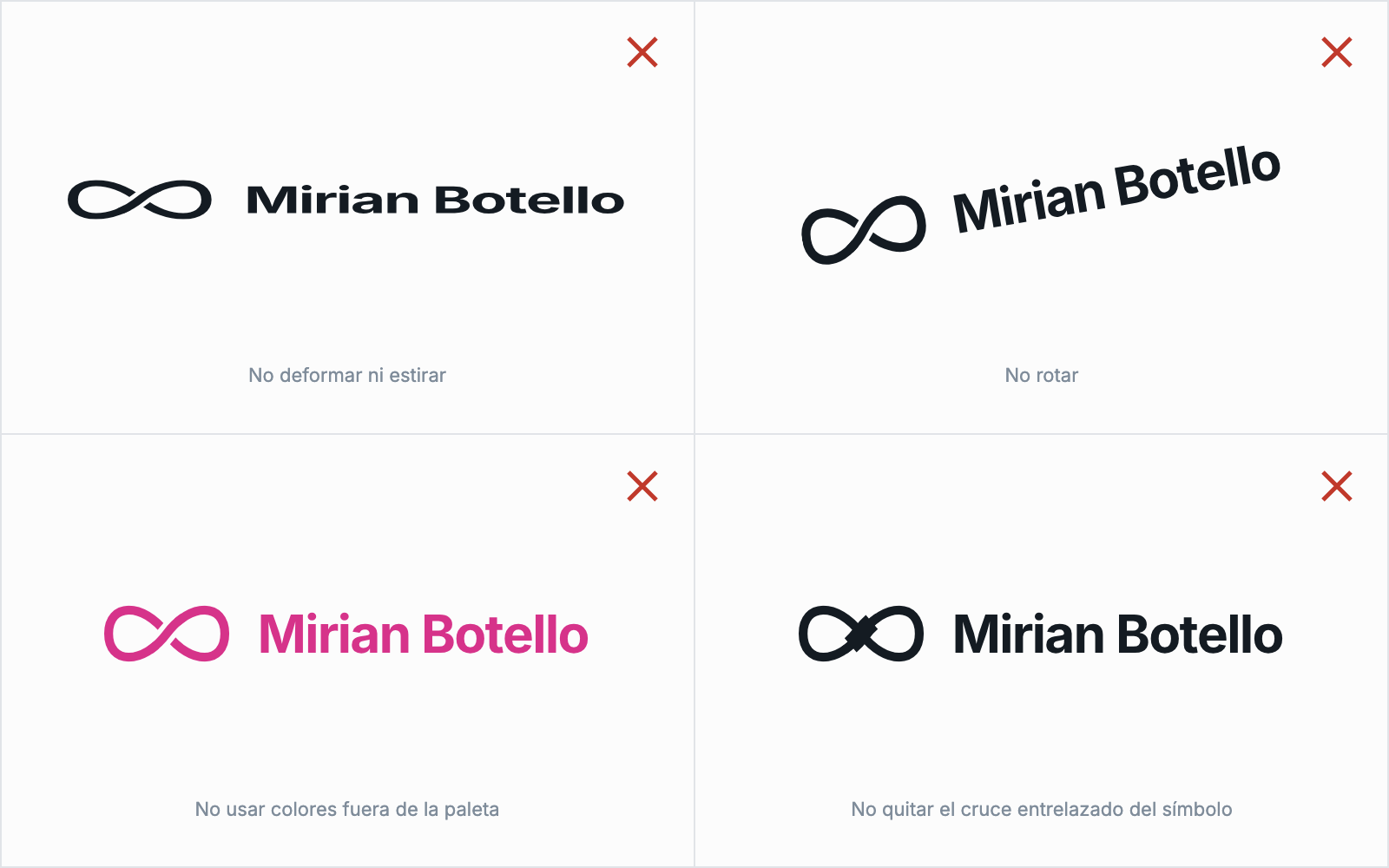 Usos incorrectos del logo: deformado, rotado, en otro color y sin el cruce entrelazado