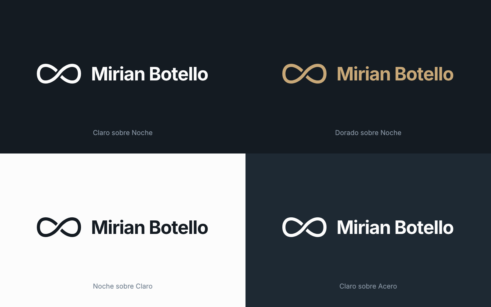 Versiones del logo de Mirian Botello: claro y dorado sobre Noche, Noche sobre Claro y claro sobre Acero