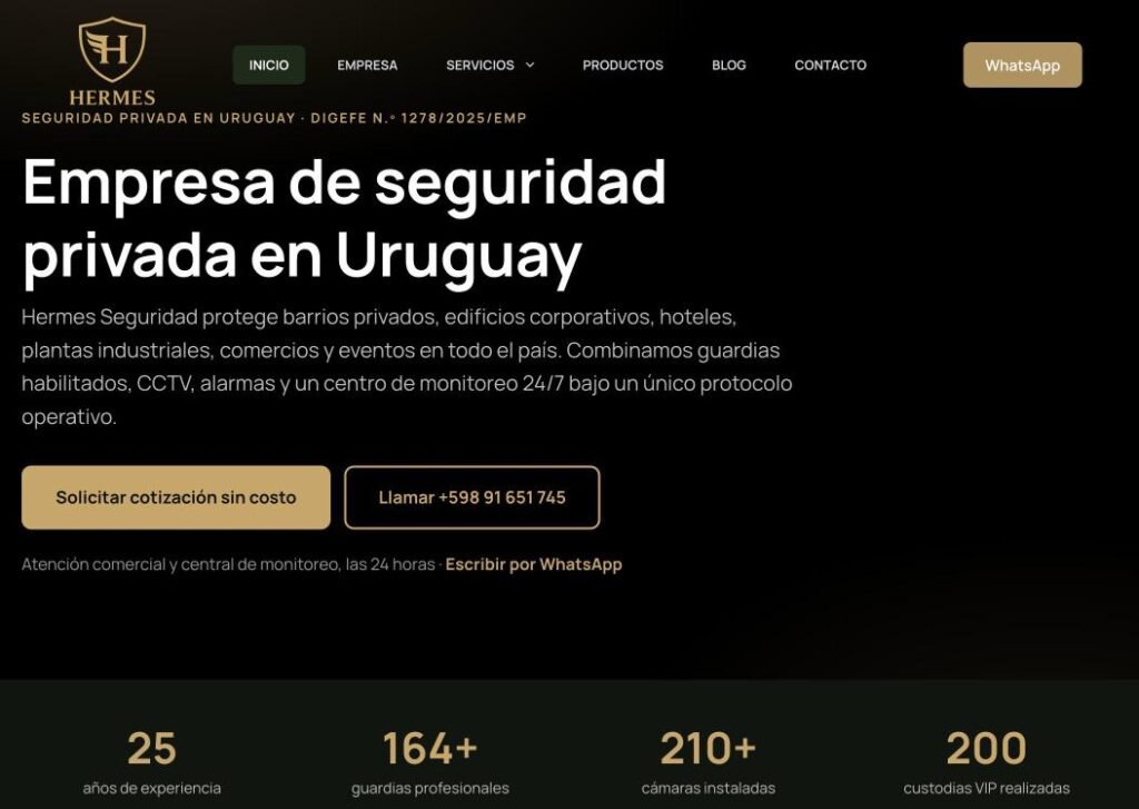 Captura del sitio web de Hermes Seguridad